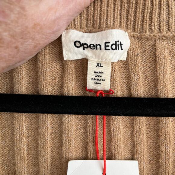 Open Edit Tan V-Neck Ribbed Knit Long Sleeve Drop Shoulder Pullover Sweater XL - Picture 4 of 13